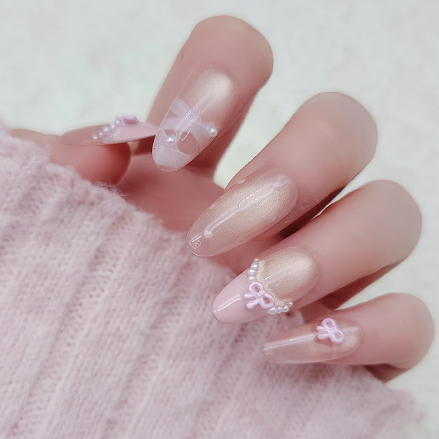 パール リボン ドット柄 フレンチ ネイルチップ 女性 レディース 爪 ネイルアート シール つけ爪 大人 きれいめ 上品 華やか エレガン