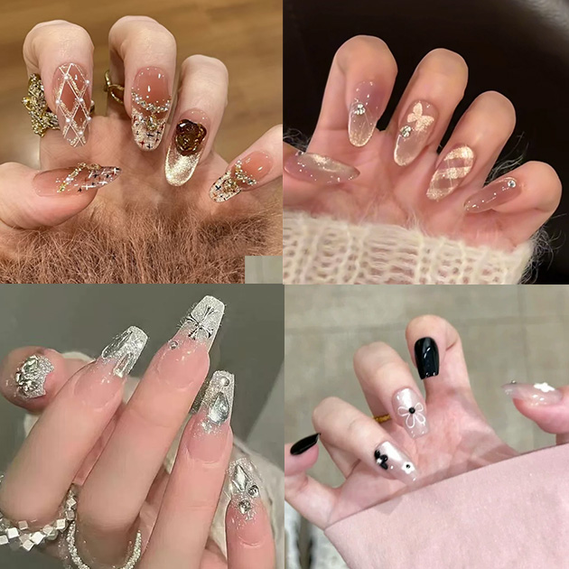 ビジュー ラメ ニュアンス ロング ネイルチップ 女性 レディース 春 夏 秋 冬 韓国 カジュアル ドレッシー つけ爪 パーティー お呼ば