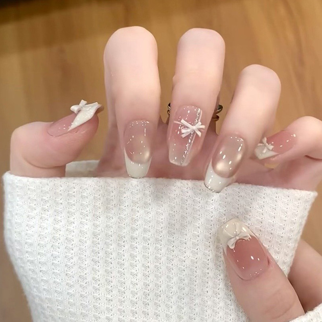 シアー リボン パール ロング ネイルチップ 女性 レディース 春 夏 秋 冬 韓国 カジュアル フェミニン つけ爪 スクエア バレリーナ