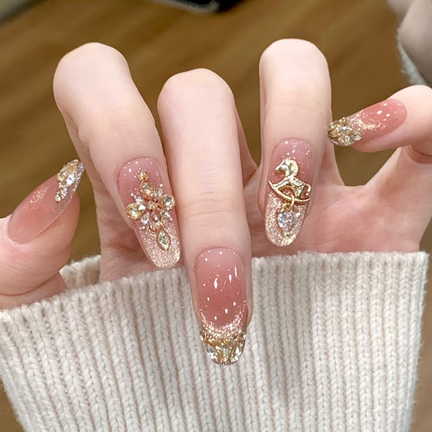 ビジュー モチーフ ラメ ロング ネイルチップ 女性 レディース 春 夏 秋 冬 韓国 カジュアル ドレッシー つけ爪 スクエア バレリーナ