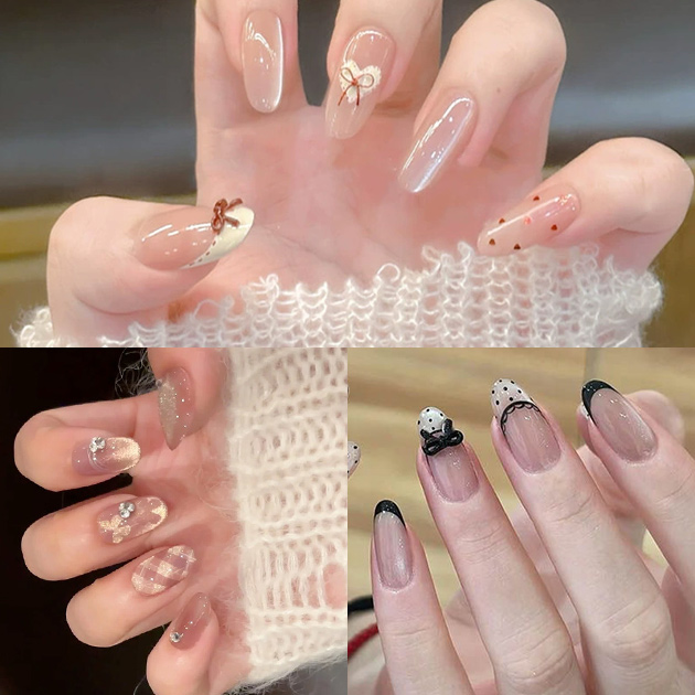 ガーリー ロング アーモンド フレンチ ネイルチップ 女性 レディース 春 夏 秋 冬 韓国 カジュアル ドレッシー つけ爪 透明感 ツヤ感