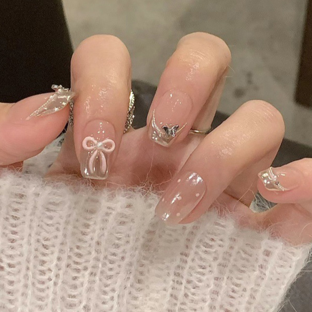 シアー リボン フレンチ ライン ネイルチップ 女性 レディース 春 夏 秋 冬 韓国 ガーリー きれいめ つけ爪 ロング スクエア 透明感