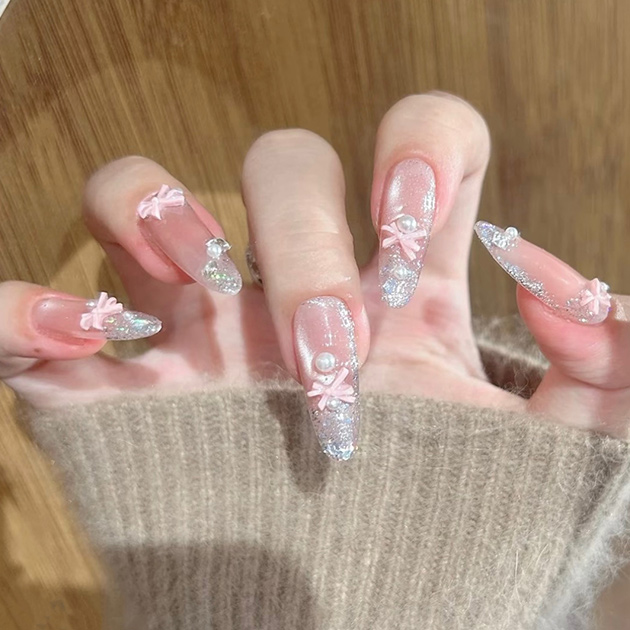 ピンク リボン オーロラ ビジュー ネイルチップ 女性 レディース 春 夏 秋 冬 韓国 フェミニン ドレッシー つけ爪 シアー パール ラ