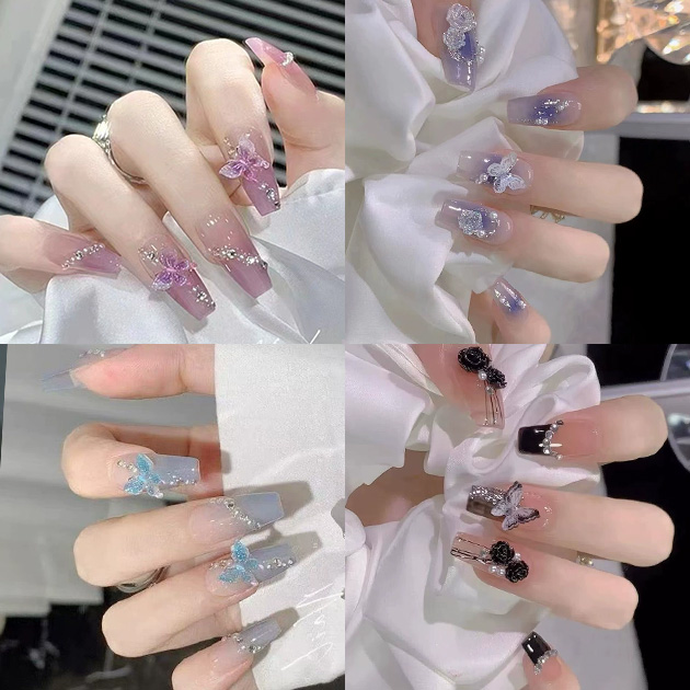 バタフライ ビジュー ラメ ニュアンス ネイルチップ 女性 レディース 春 夏 秋 冬 韓国 ワンホン カジュアル ドレッシー つけ爪 蝶々