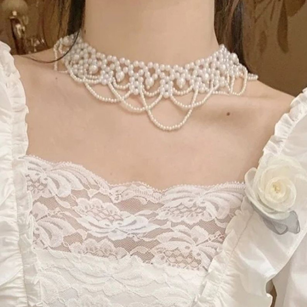 Yahoo! Yahoo!ショッピング(ヤフー ショッピング)ダブルライン スカラップ カラー パール ネックレス レディース 女性 アクセサリー 襟 チョーカー 真珠 ブラウス 上品 華やか エレガン