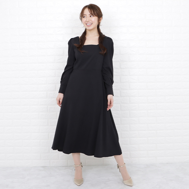 ワンピース ワンピドレス 膝下 ミモレ丈 l 長袖 パフスリーブ ラウンドネック Aライン 切り替えデザイン ウエストマーク フィット＆フレア かわい Lace Ladies（レースレディース） スクエアネック パフスリーブ ロング