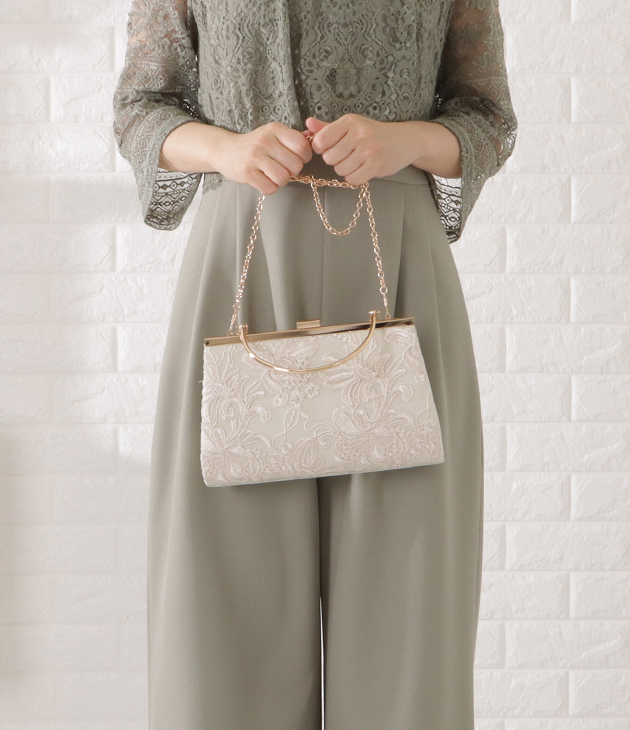 花模様エンボス がま口 2WAY 大人のハンド＆ショルダー 合皮 フラワー刺繍メタリックハンドバッグ 女性 レディース 花柄