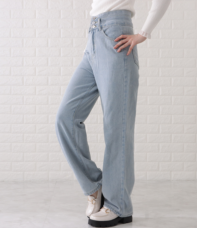 ライト ウォッシュド デニム セミフレア ハイウエスト 春 cr8078 Lace Ladies ハイウエストウォッシュドワイドデニム 女性