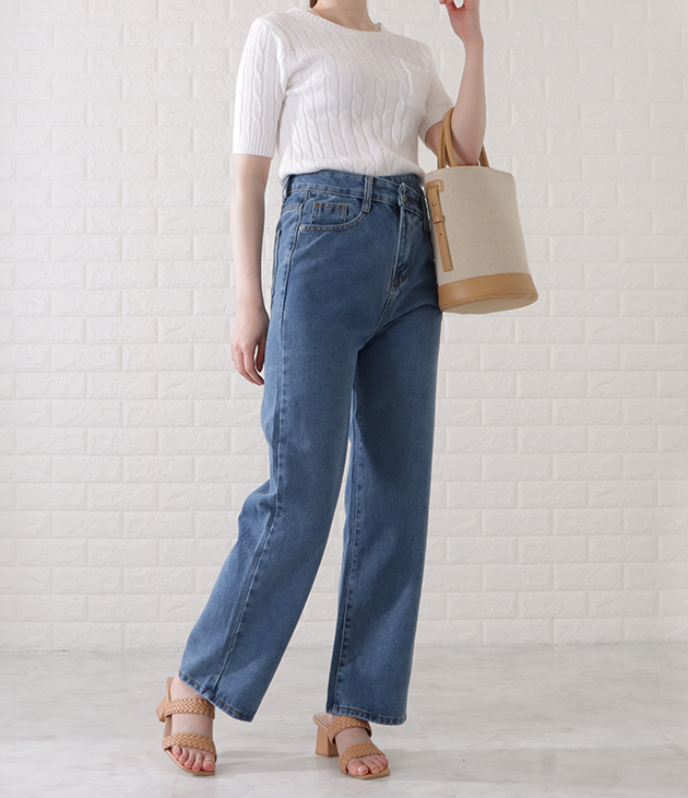 ハイウエストレイヤードワイドデニムパンツ 女性 レディース