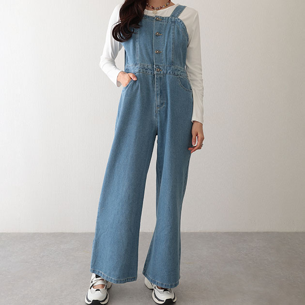 デニムバックリボンワイドレッグオーバーオール Lace Ladies（レースレディース） バックリボン ワイド フレア デニム