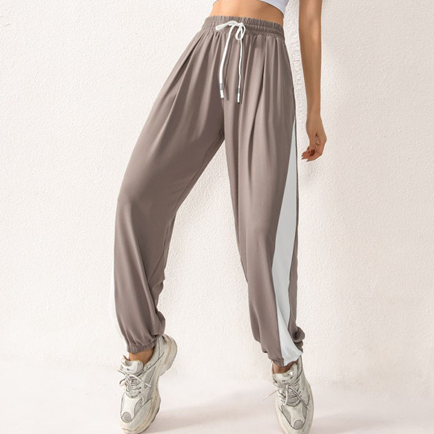 配色 ライン ギャザー フィットネス パンツ 女性 レディース ボトム ズボン スウェット ジャージ 9分丈 単色 無地 腰高設計 ハイウエ