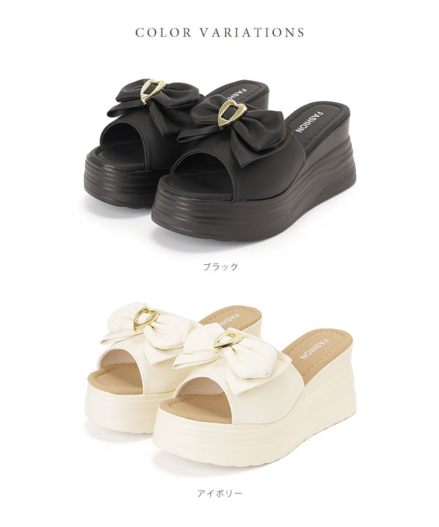 Lace Ladies レザー調 ハート付き リボン モチーフ 厚底