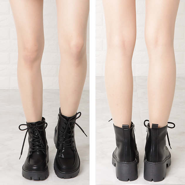 Lace Ladies 厚底 レースアップブーツ PUレザー ショートブーツ