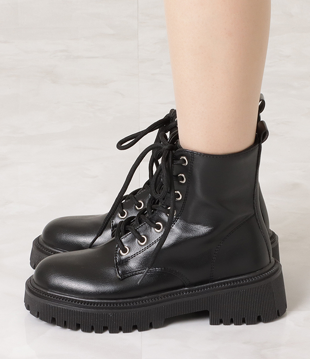 anuke 2024FallWinter ラウンドレザーブーツ Lace Ladies 厚底 レースアップブーツ PUレザー ショートブーツ
