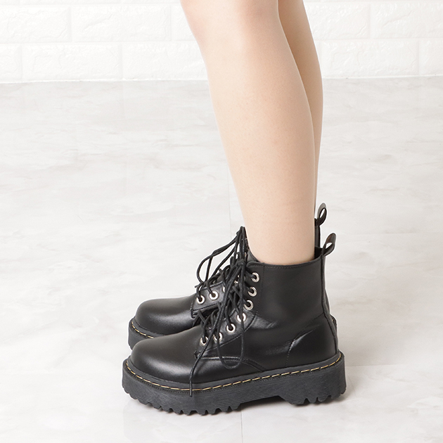 Lace Ladies 厚底 レースアップブーツ PUレザー ジップアップ