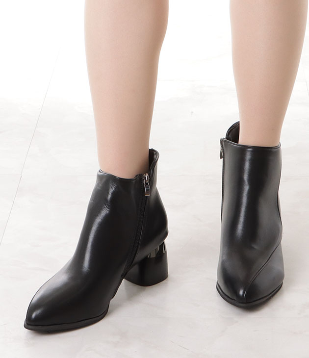 レザー調ステッチプラスメタリックヒールショートブーツ 女性  