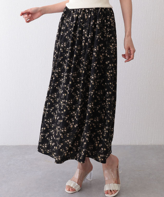 小花柄 ギャザー ロング フレア スカート ボ...の詳細画像2