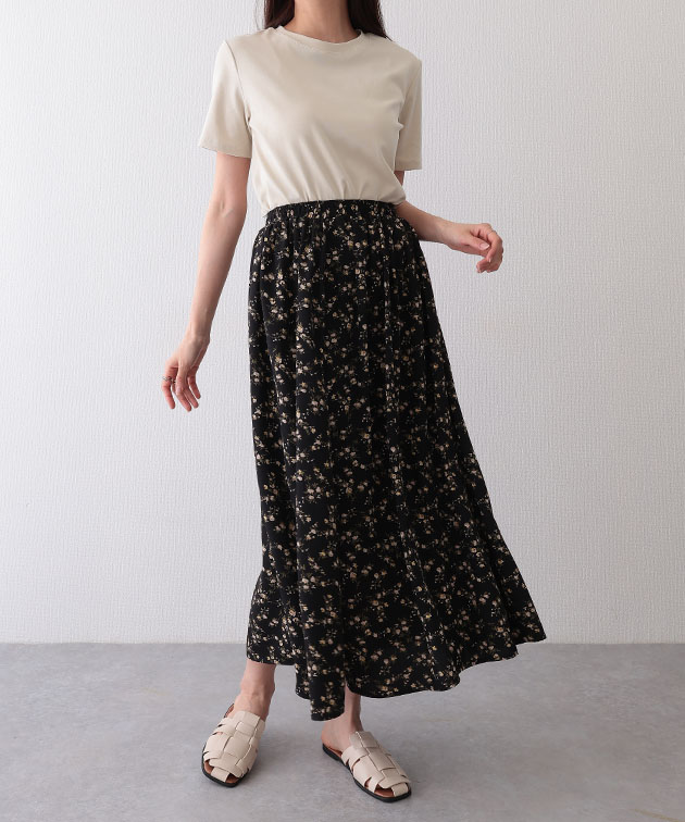 小花柄 ギャザー ロング フレア スカート ボ...の詳細画像3