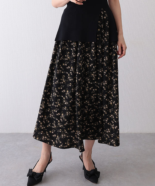 小花柄 ギャザー ロング フレア スカート ボ...の詳細画像4