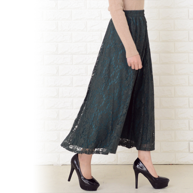 Lace Ladies 花柄レースロングスカート ウエストゴム仕様 マキシ