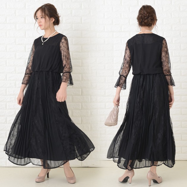 春秋用のレディス レース ロング ドレス(サイズ L型)、日本製 レースディテール セクシースリットロングドレス 黒 春/夏/秋