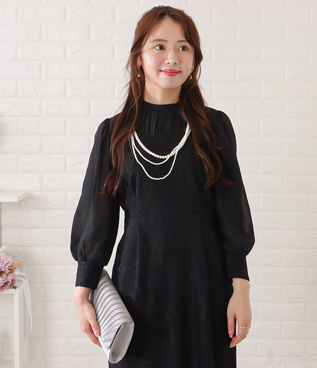 シフォンスタンドカラーワンピースエレガント Lace Ladies スタンドカラーレースドッキングシフォンワンピース