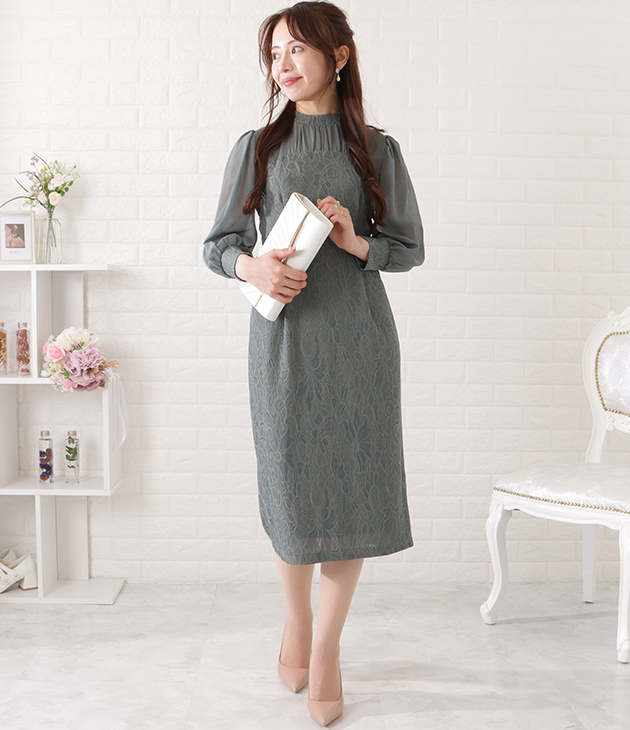 Lace Ladies スタンドカラーレースドッキングシフォンワンピース