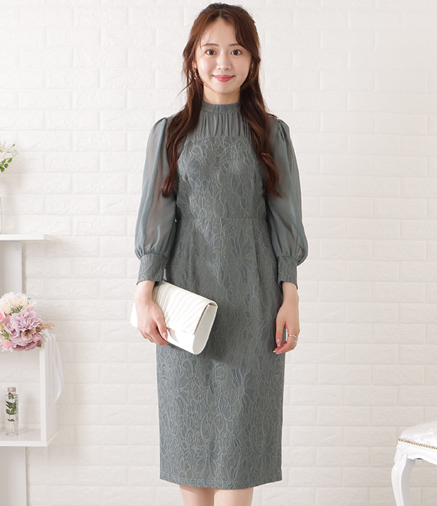 スタンドカラーレースドッキングシフォンワンピース 女性