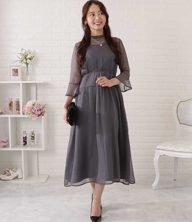 Lace Ladies ウエストギャザーフレアシフォンワンピース 女性