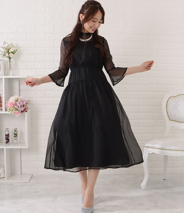 新品タグ付き ブラックシフォンワンピース 定価36,300円 Lace Ladies ウエストギャザーフレアシフォンワンピース 女性