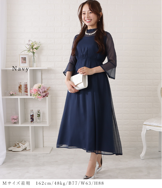 レース刺繍 シフォン ミディアムフレアドレス ひざ丈 透け感 シースルー ワントーン ハイウエスト フレア エレガント 上品 フェミニン Lace Ladies（レースレディース） ウエストギャザーフレアシフォン