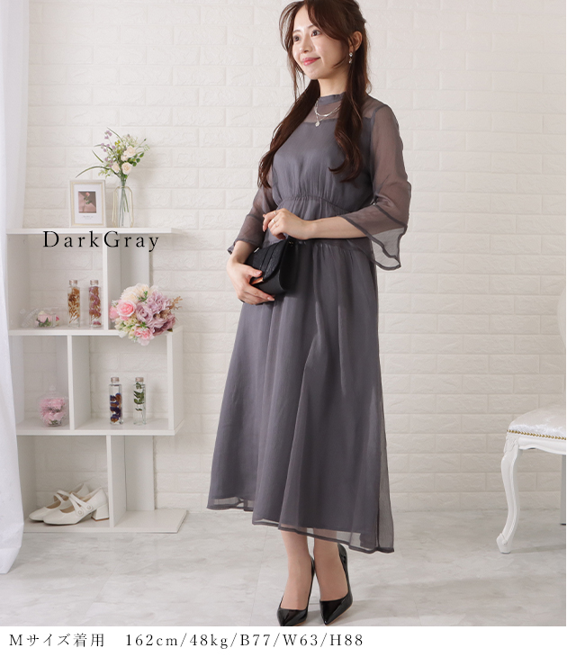 Lace Ladies ウエストギャザーフレアシフォンワンピース 女性