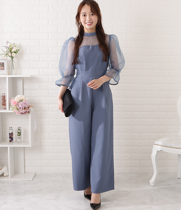 DRESS PLUS シフォンパンツドレス オールインワン ブルー M セール】ジャンプスーツ パンツドレス シフォン S M L