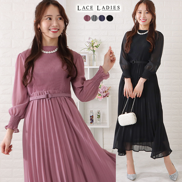 ベルト付きシフォンプリーツ長袖ワンピース 女性 レディース