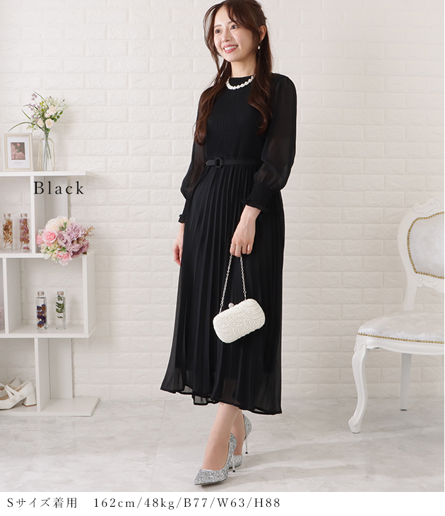 Lace Ladies ベルト付きシフォンプリーツ長袖ワンピース 女性
