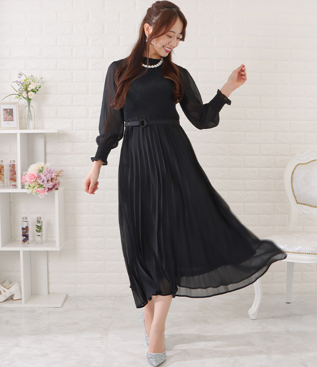 【Self-Portrait】シフォン ミディ丈ワンピース ベルト付き Lace Ladies ベルト付きシフォンプリーツ長袖ワンピース 女性
