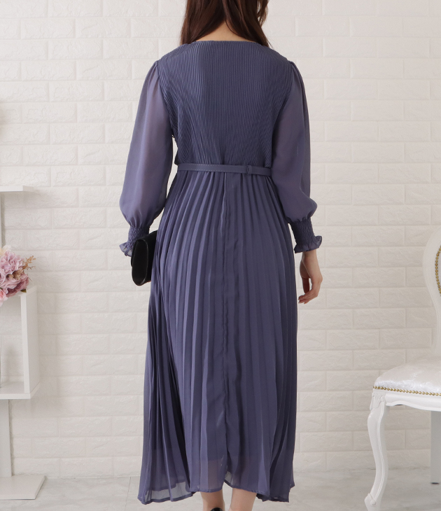 Lace Ladies ベルト付きシフォンプリーツ長袖ワンピース 女性
