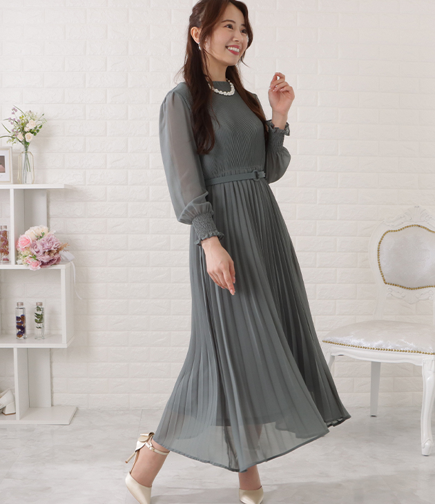 ベルト付きシフォンプリーツ長袖ワンピース 女性 レディース