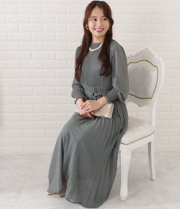Lace Ladies ベルト付きシフォンプリーツ長袖ワンピース 女性