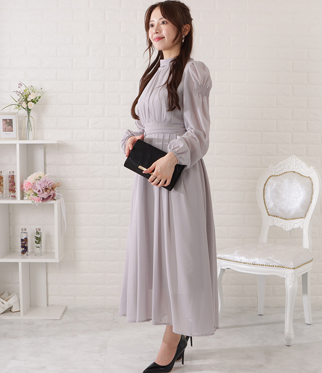 セール】ギャザーシェイプロングシフォンワンピース（ドレス
