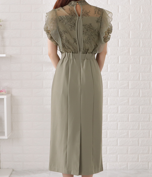 専用　　　　大きいサイズ♡異素材♡パフスリーブドッキングワンピ♡小花柄♡XL Lace Ladies パフスリーブレースドッキングワンピース 女性