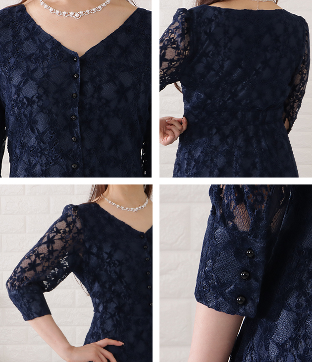 Lace Ladies 総レース7分袖Vネックフレアワンピース 女性