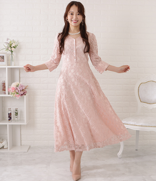 Lace Ladies 総レース7分袖Vネックフレアワンピース 女性