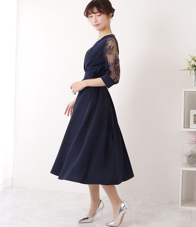 Lace Ladies 花柄 レース サイド リボン Vネック ワンピース