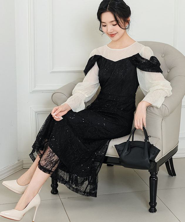 配色レースレイヤードロングドレスワンピース 女性 レディース スカート オールインワン 刺繍 透け感 シアー シフォン キャンディ袖 フェミ_9
