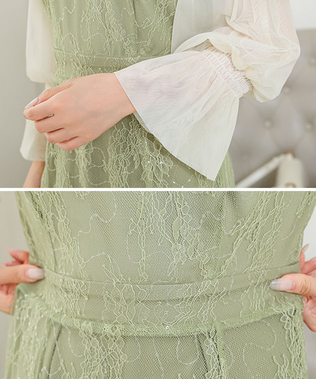 配色レースレイヤードロングドレスワンピース 女性 レディース スカート オールインワン 刺繍 透け感 シアー シフォン キャンディ袖 フェミ_18