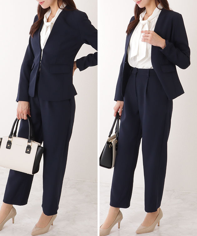 プラステ【美品】ノーカラースーツ　セット　パンツ　黒 小さいサイズ Lace Ladies（レースレディース） ノーカラー タック パンツ スーツ