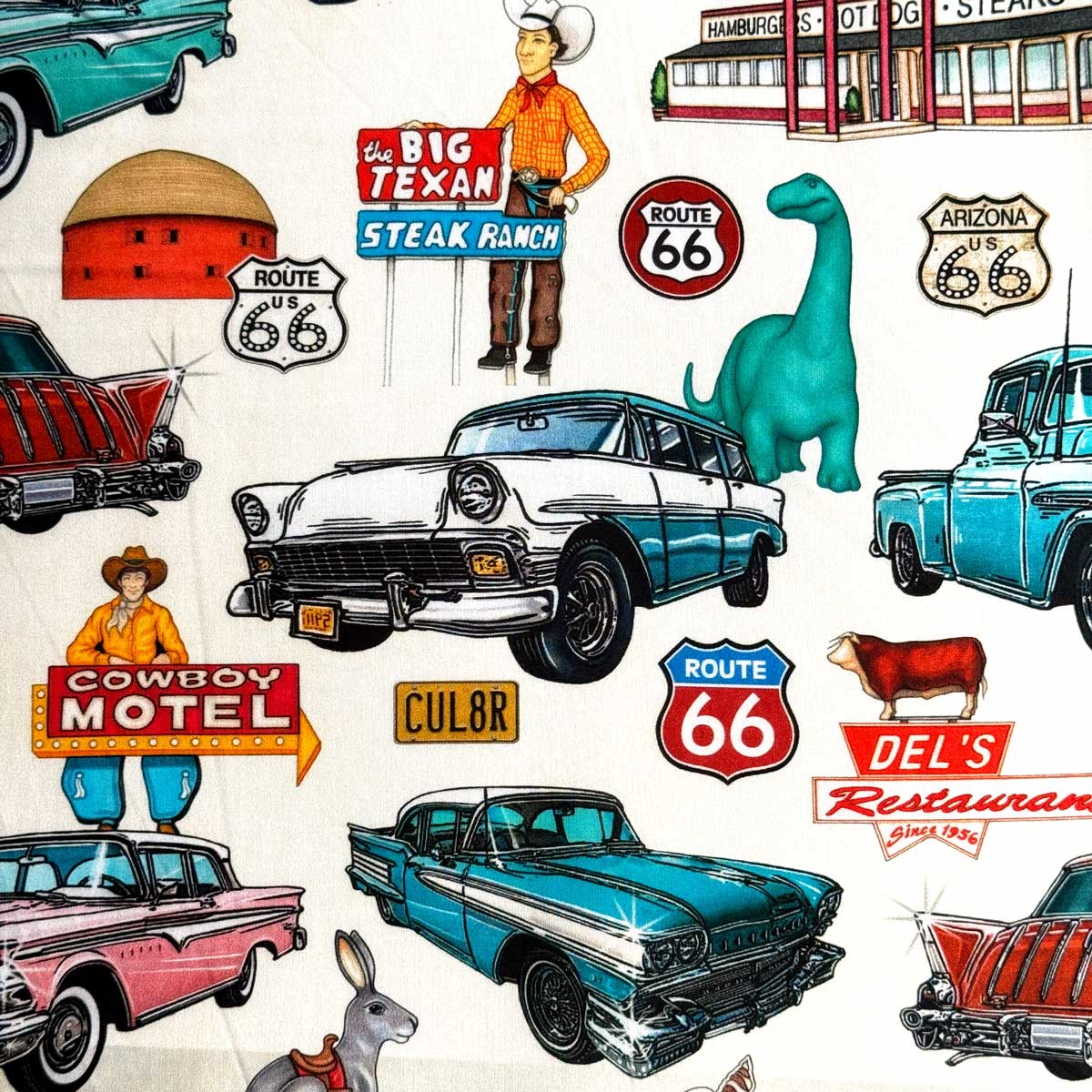 USA�R�b�g�� Route 66 Classic Cars And Icons(���[�g66�N���V�b�N�J�[)�N���[�� ���C�݃J���t�H���j�A ���T���[���X �V�[�`���O���n QT Fabrics