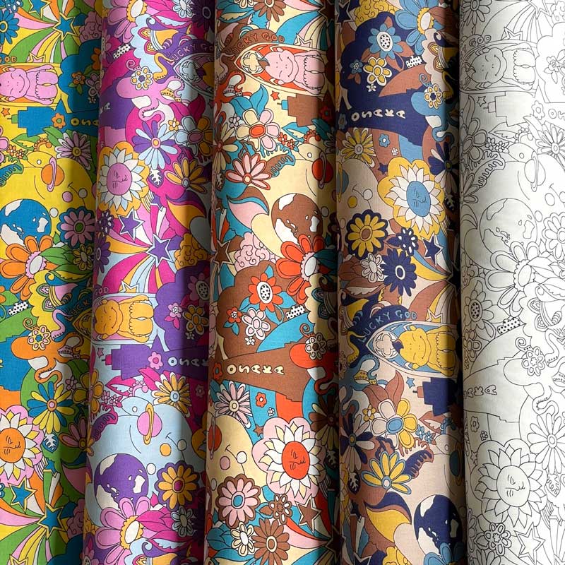 ビリケンさん 40ブロード生地 BILLIKEN ART FABRIC グリーン×イエロー/パープル×ピンク/オレンジ×ブラウン/ネイビー×イエロー/ホワイト BLK-110-1 | 