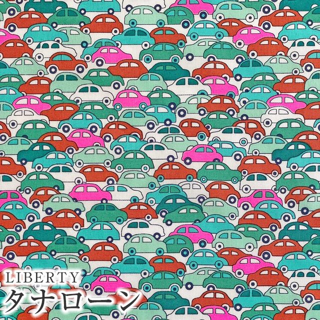 LIBERTYリバティプリント 国産タナローン生地【2023SS Neon Liberty ネオンリバティ】＜Cars Neon＞(カーズネオン)【グリーン/ピンクネオン】DC32678-J23F｜merci-fabric